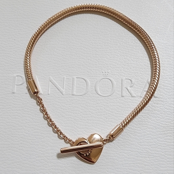 Pandora Moments Heart T-Bar Snake Chain Bracelet rose gold-plated 7.1 IN - Picture 2 of 8